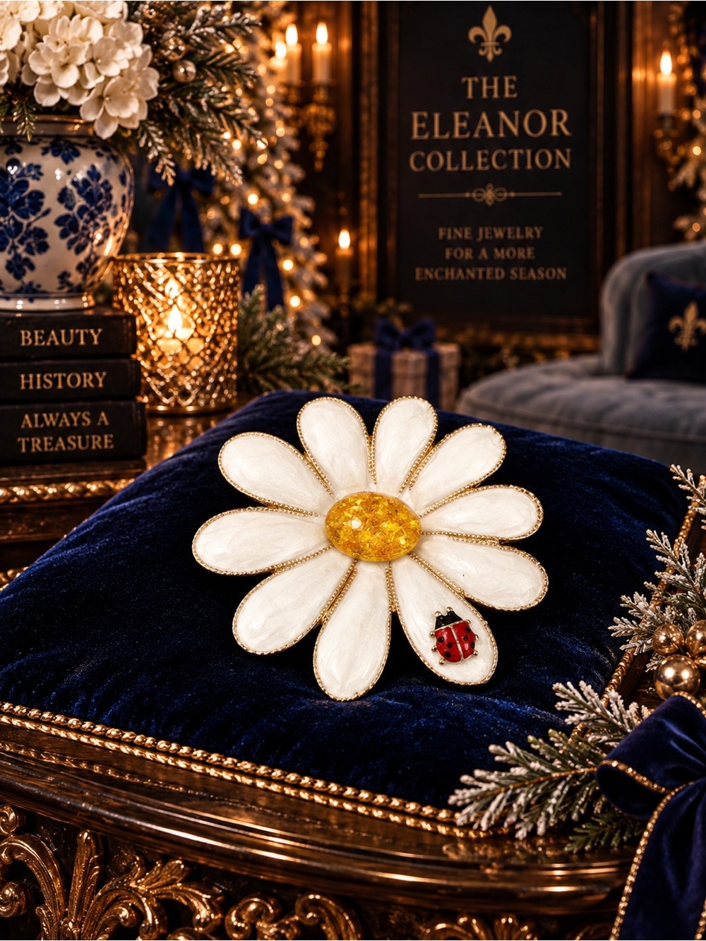 Eleanor Collection White Daisy Ladybug Statement Brooch.NWT
